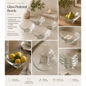 Modernist Clear Glass Pedestal Serving Bowl Minimal Sculptural Centerpiece ✨‎